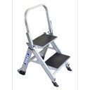 Aluminium 2-step ladder with a folding safety handrail.