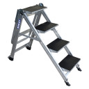 Aluminium 4-step ladder with a folding safety handrail.