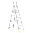 Aluminium 8-step platform ladder with handrail and anti-slip boots.