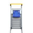 Blue tool tray mounted on an Indalex Pro Series ladder.