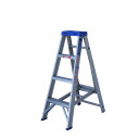 Aluminium step ladder with four steps and a blue top.