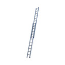 Aluminium extension ladder leaning against a white background.