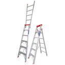 Dual-purpose aluminium ladder displayed in both step and extended forms.