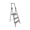 Aluminium slimline ladder with three steps and a handrail.