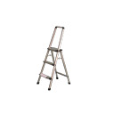 Aluminium step ladder with three steps and a handrail.