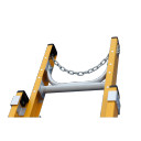 Close-up of the top of an Indalex fibreglass extension ladder with a chain.