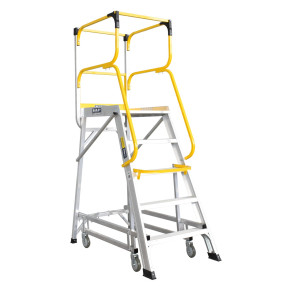 Aluminium access ladder with five steps and safety rails.