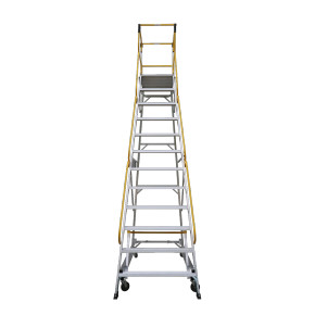 A 12-step aluminium access platform ladder with a removable shelf.