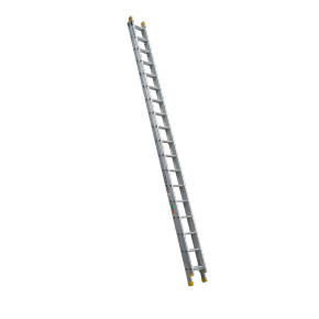 Aluminium extension ladder with 18 rungs and yellow grip boots.