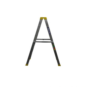 Double-sided aluminium ladder with six steps and a multi-function top.