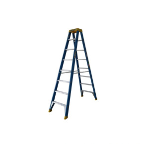 Blue and yellow fibreglass double-sided ladder with eight steps.