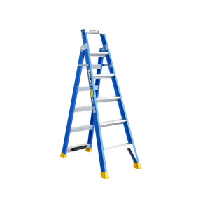 Blue fibreglass step ladder with six steps and anti-slip feet.