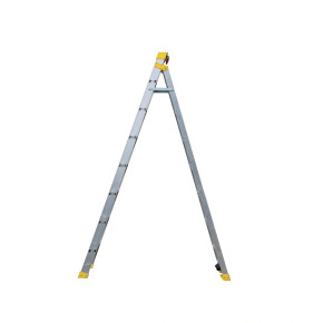 Aluminium double-sided step ladder with anti-slip feet and cap.