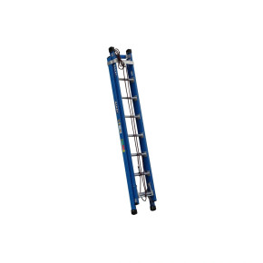 Blue fibreglass extension ladder with eight rungs and a rope system.