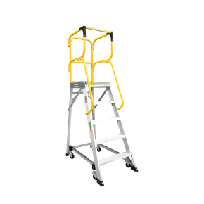 Five-step aluminium order picking platform featuring handrails.