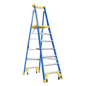 Blue and yellow fibreglass step ladder with seven steps and wheels.