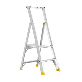 Aluminium 2-step ladder with anti-slip feet and a handrail.