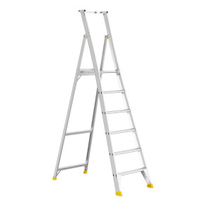 Aluminium 6-step platform ladder featuring anti-slip boots and a handrail.