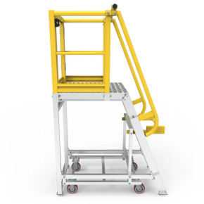 Heavy-duty aluminium work platform featuring safety rails and wheels.