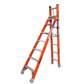 Indalex Pro Series orange fibreglass step extension ladder with five rungs.