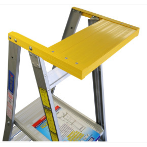 Yellow heavy-duty top shelf on an Indalex Pro Series ladder.