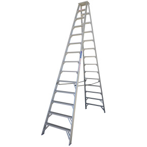 Aluminium double-sided step ladder, 4.3M tall with 14 steps.