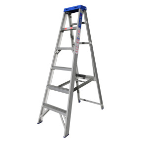 Aluminium 1.8M single-sided step ladder with six steps and blue top.