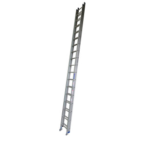 Aluminium extension ladder with swivel feet for industrial use.