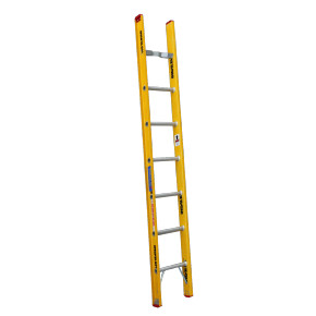 Indalex 2.4M fibreglass single ladder with aluminium steps and rubber feet.