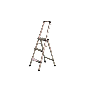 Aluminium step ladder with three steps and a handrail.