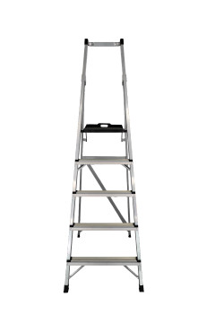 Aluminium 7-step platform stepladder with a wide top platform and handrail.