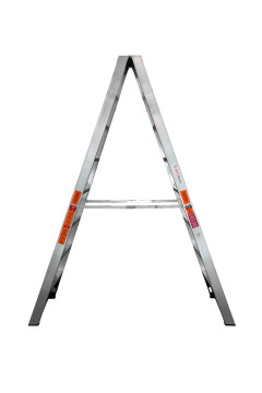 Heavy-duty aluminium twin step ladder with six wide treads on each side.