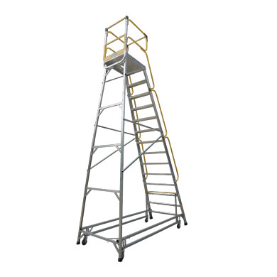 Aluminium access platform ladder with 14 steps and a removable shelf.