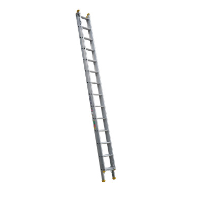 Aluminium extension ladder with 14 rungs, 150kg load capacity.