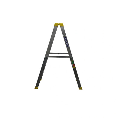 Double-sided aluminium ladder with six steps and a multi-function top.
