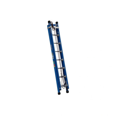 Blue fibreglass extension ladder with eight rungs and a rope system.