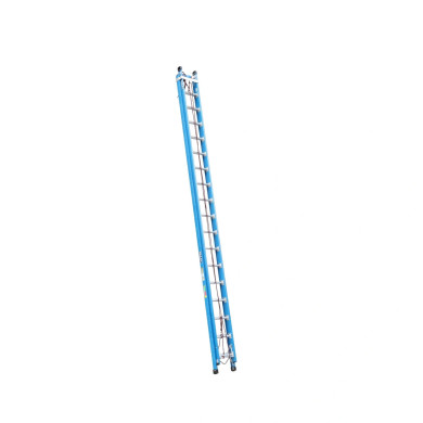 Blue fibreglass extension ladder with 18 heavy-duty rungs.