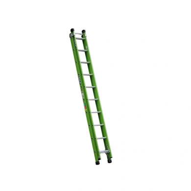 Fibreglass extension ladder with 10 rungs and a safety green finish.