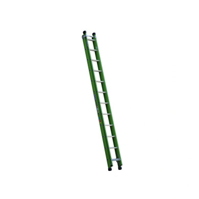 Fibreglass extension ladder with 12 rungs, safety green colour, and anti-slip feet.