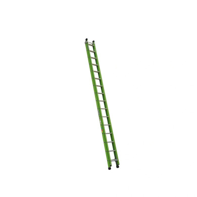 Fibreglass extension ladder in safety green with 16 rungs.