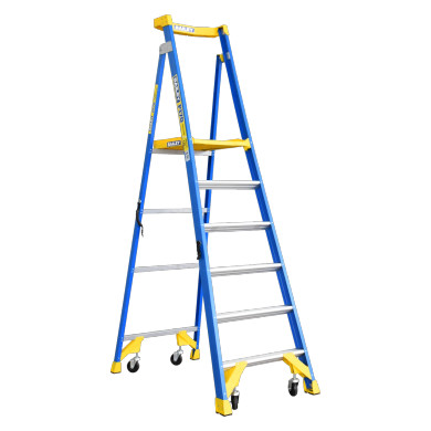 BAILEY Fibreglass P170 six-step platform ladder with castors.