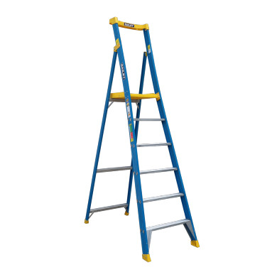 BAILEY Pro FG Platform Ladder with 6 steps in blue and yellow fibreglass.