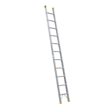 Aluminium single ladder with 11 rungs and yellow rubber feet.