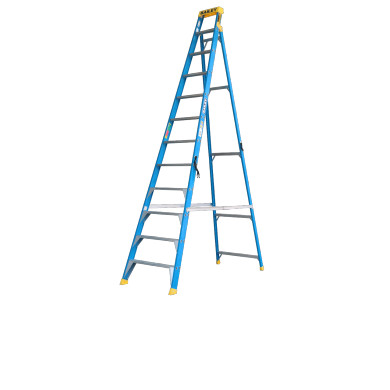 Blue and yellow fibreglass ladder with 12 steps, single-sided.