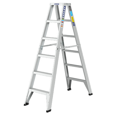 Aluminium double-sided stepladder with six steps, 150 kg rated.