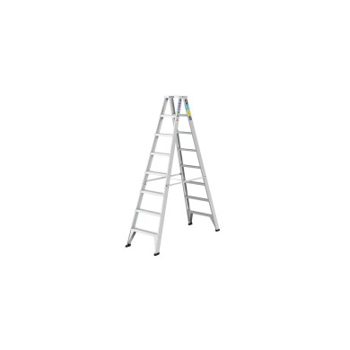 Double-sided aluminium stepladder with eight steps, 150 kg rated.