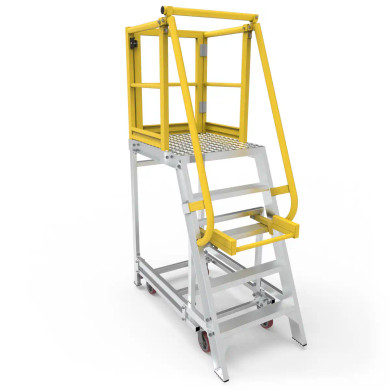 Heavy-duty aluminium work platform featuring safety rails and wheels.