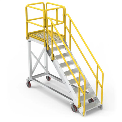 Heavy-duty aluminium stair platform featuring safety rails and steps.
