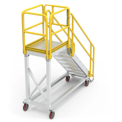 Heavy-duty aluminium stair platform featuring safety rails and steps.