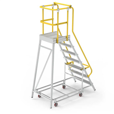 Aluminium order picker platform with a height of 2100 mm and wheels.